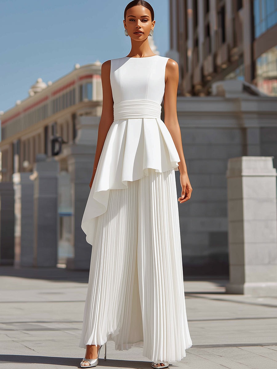 Sculpted Asymmetric Peplum & Pleated Maxi Gown In White
