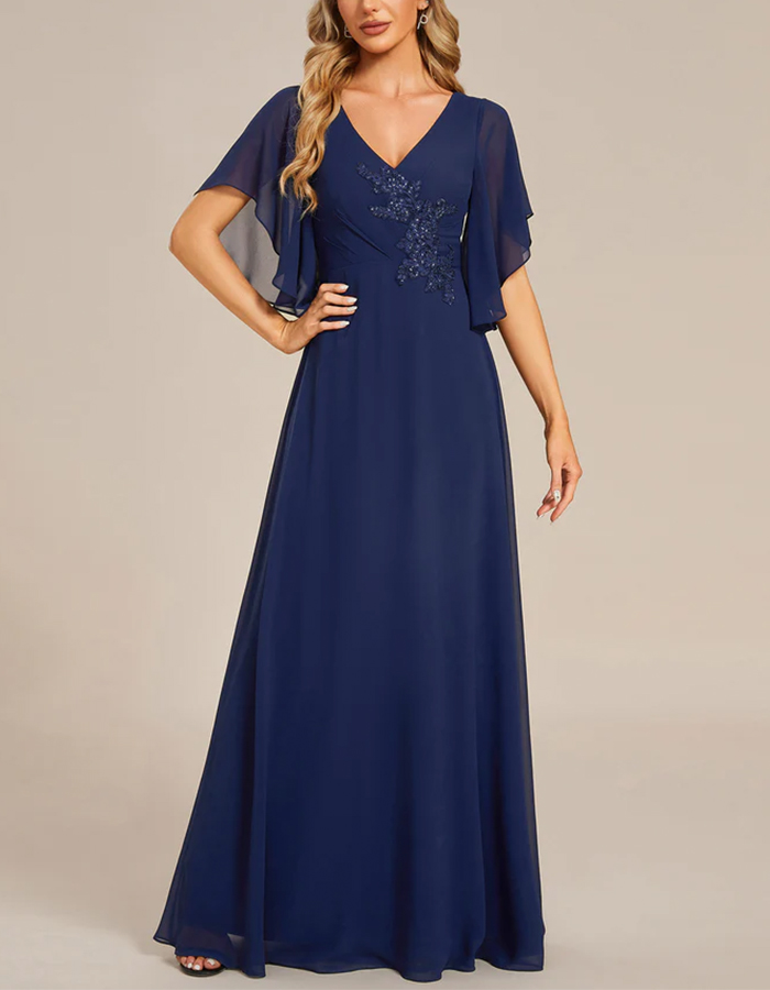 Navy Blue Chiffon V-Neck Flutter Sleeves Maxi Dress