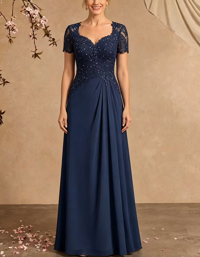Navy Blue Lace Cap Sleeves Chiffon Maxi Dress