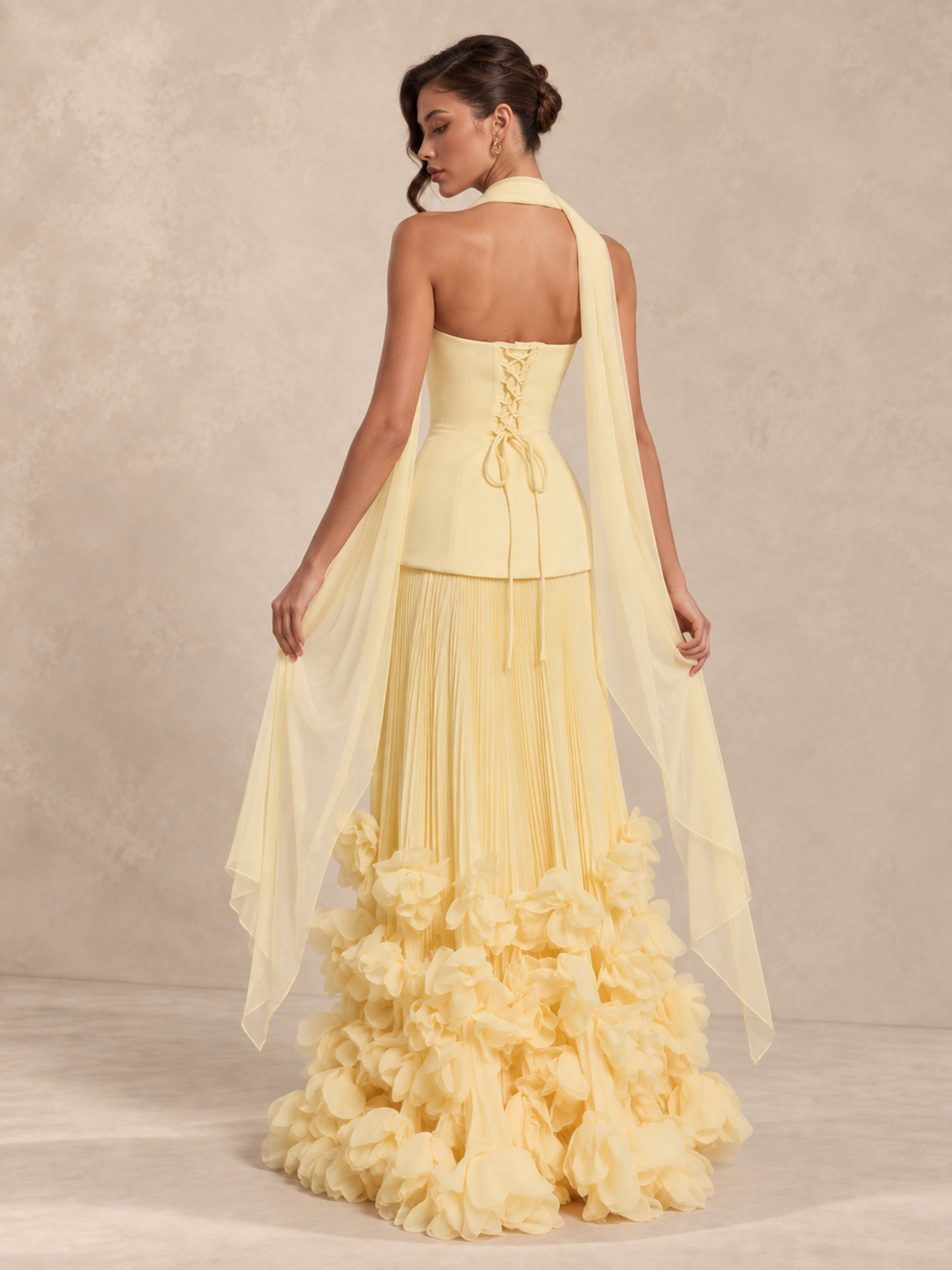 Chiffon Corset Flower Strapless Gown with Scarf