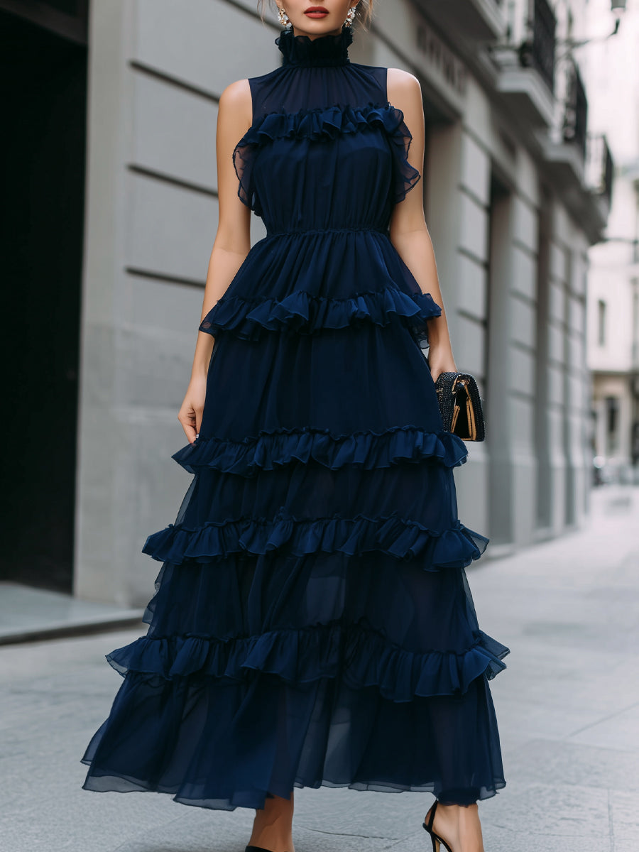 Navy High Neck Tiered Ruffle Maxi Dress