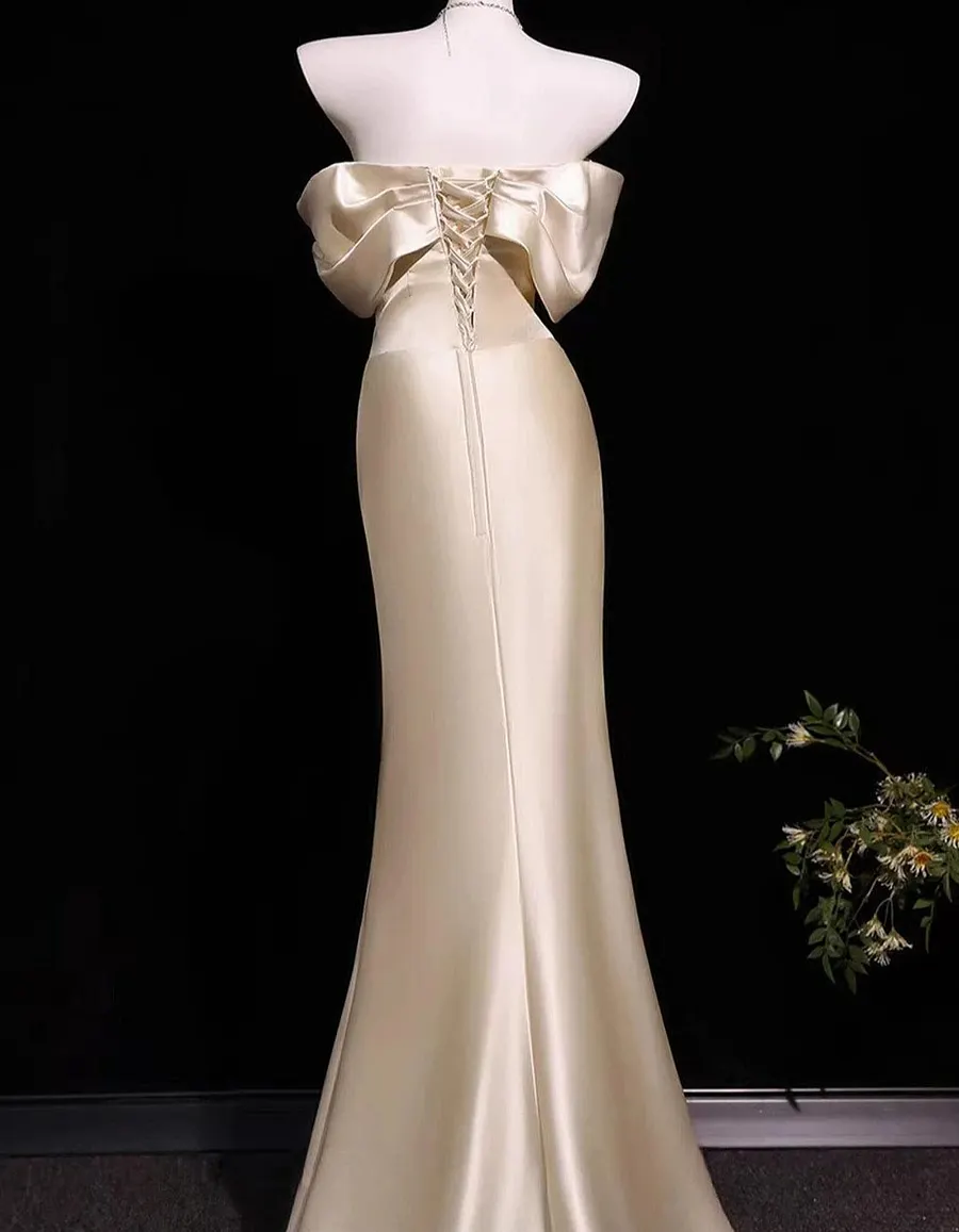 Light Champagne Satin Off-The-Shoulder Fishtail Maxi Dress