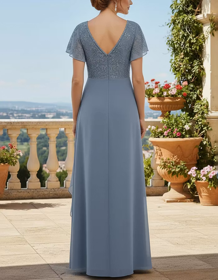 Dusty Blue V-Neck Chiffon Ruched Waist Maxi Dress