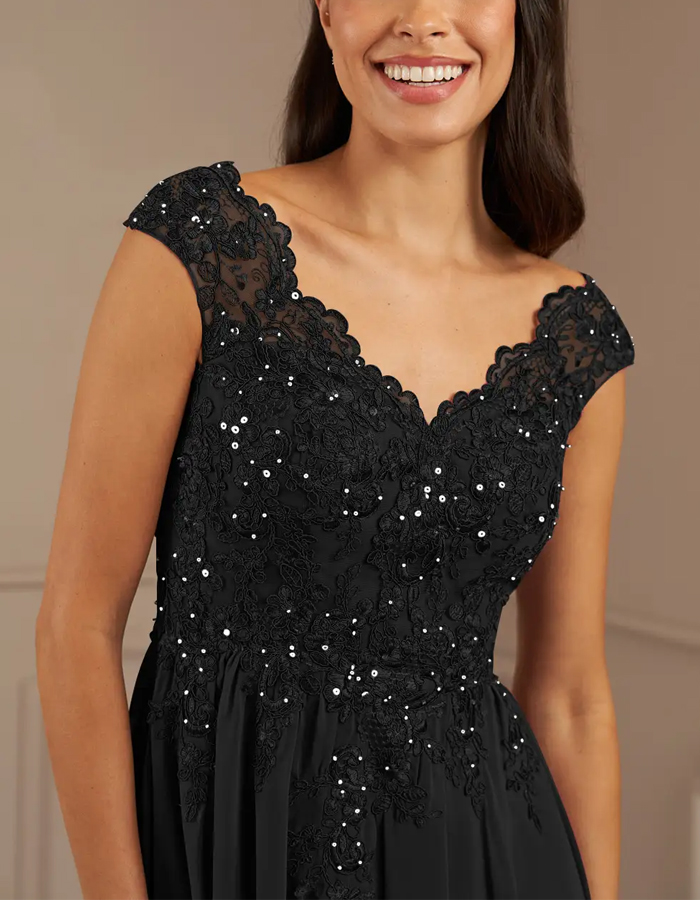 Black Sequined Chiffon A-Line V-Neck Maxi Dress