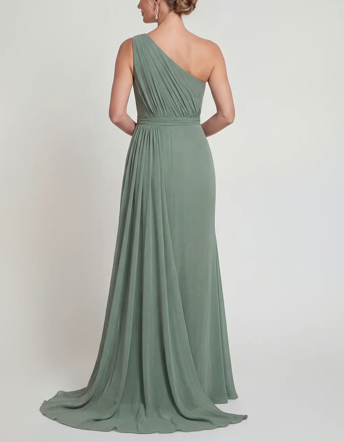 Grey Green Draped Chiffon One Shoulder Ribbon Maxi Dress