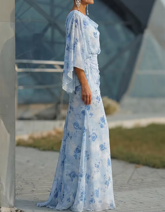 Sky Blue Floral Chiffon Batwing Sleeve Pleated Maxi Dress