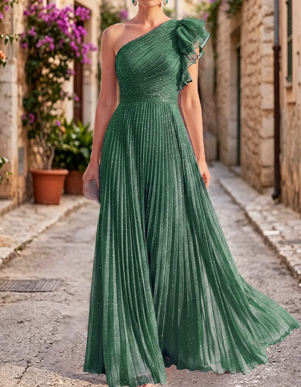 Chiffon Rhinestone One-Shoulder Pleated Waist Maxi Dress