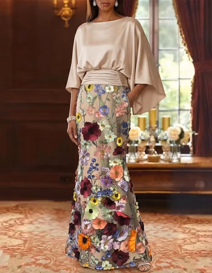 Champagne Satin Capelet & Colorful 3D Floral Mermaid Maxi Dress