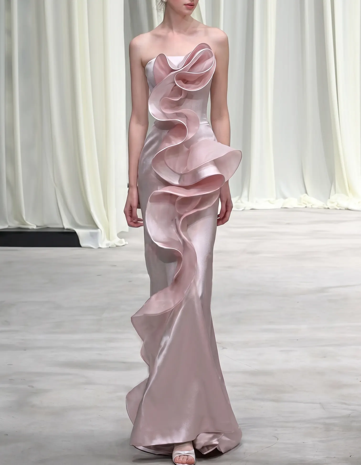 Pink Satin Exaggerated Ruffled Fishtail Maxi Dress