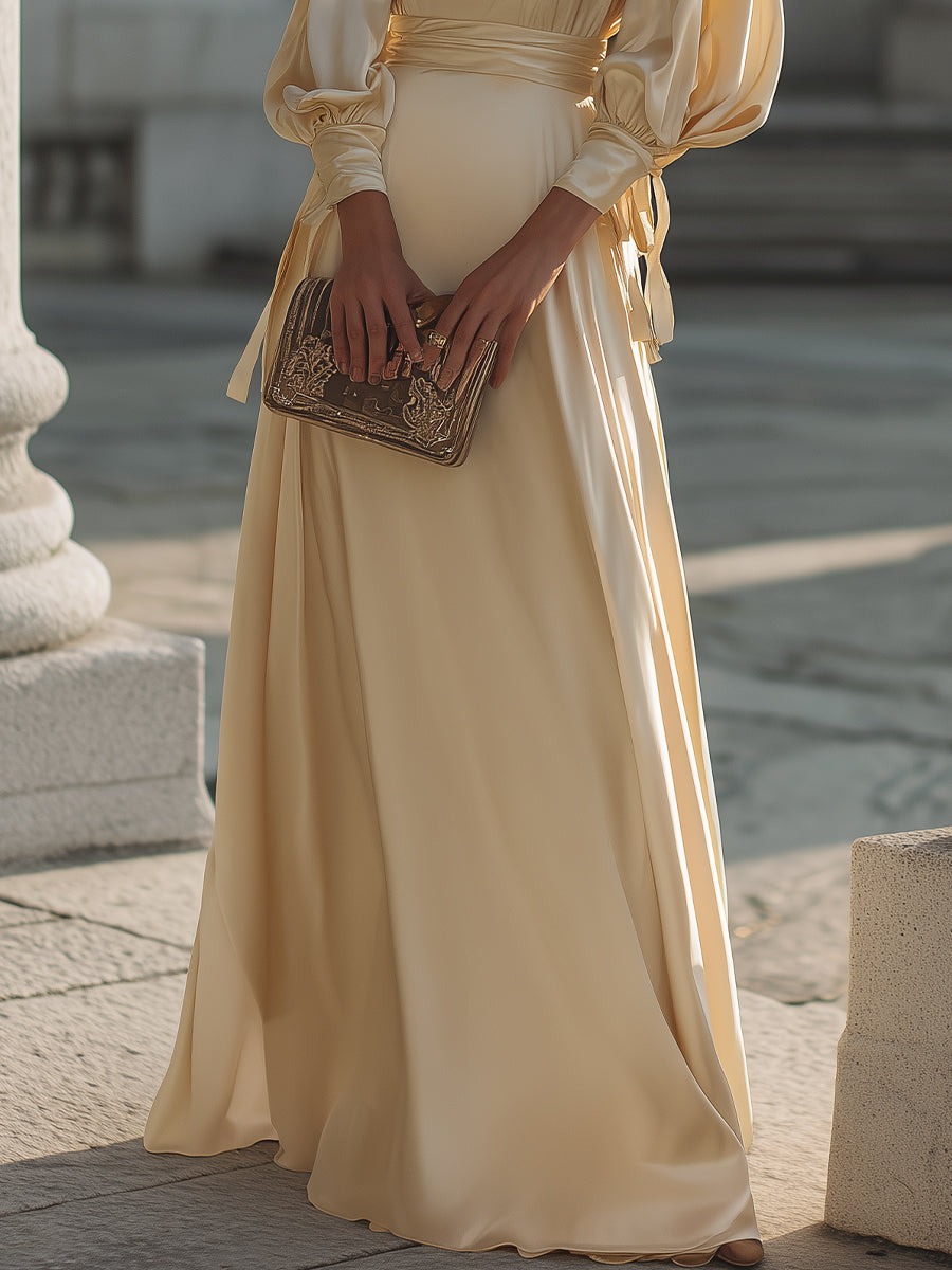 Long Sleeve Ruched Waist Flowing Evening Gown
