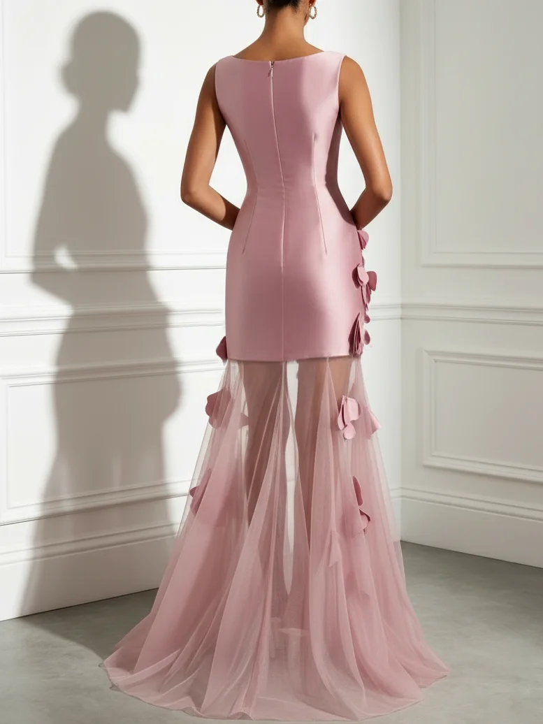 Pink 3D Floral Mesh Satin Boat Neck Sleeveless A-Line Floor-length Gown Dress