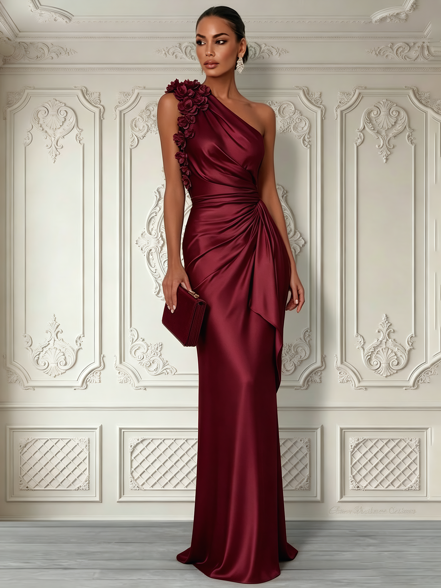 Purplish Blue 3D Floral Ruched Satin One Shoulder Sleeveless Sheath Floor-length Gown Dress