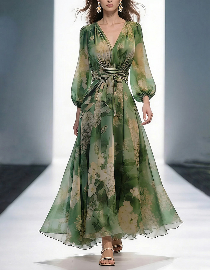 Green Floral Chiffon Wrap Maxi Dress