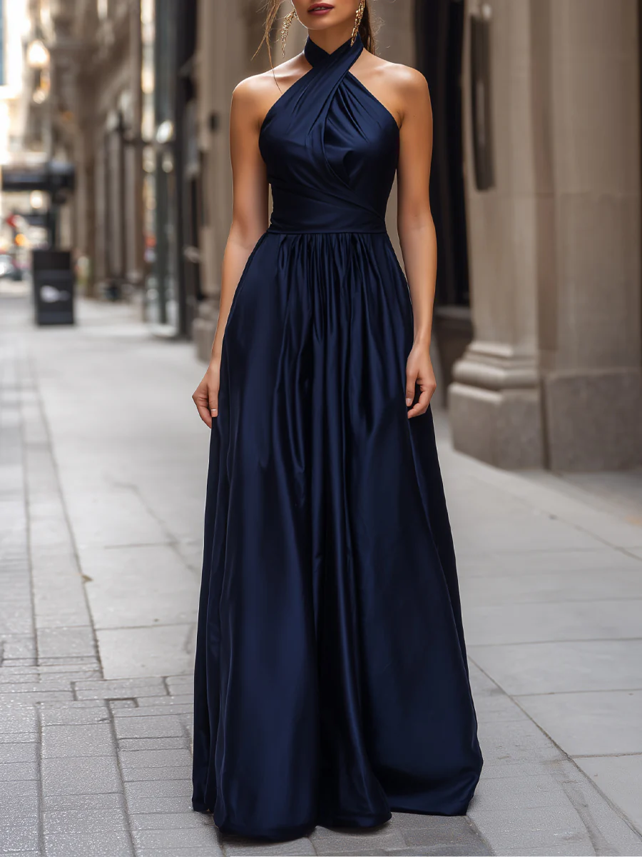 Elegant Halter Neck Satin Maxi Dress
