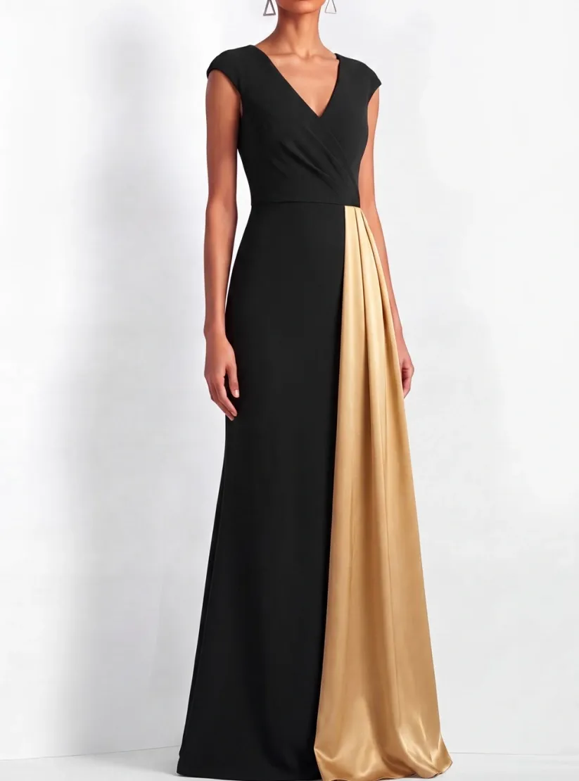 Black and Golden Formal Evening Dress V-Neck Splicing Maxi Dress