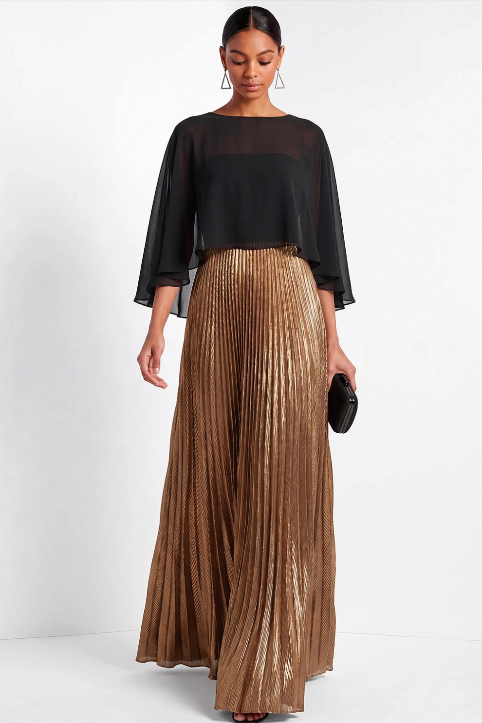 Sheer Capelet Overlay Pleated Metallic Maxi Dress