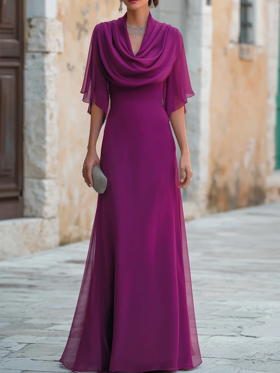 Cowl Drape V Neck Sheer Chiffon Capelet Sleeve Fitted Maxi Dress