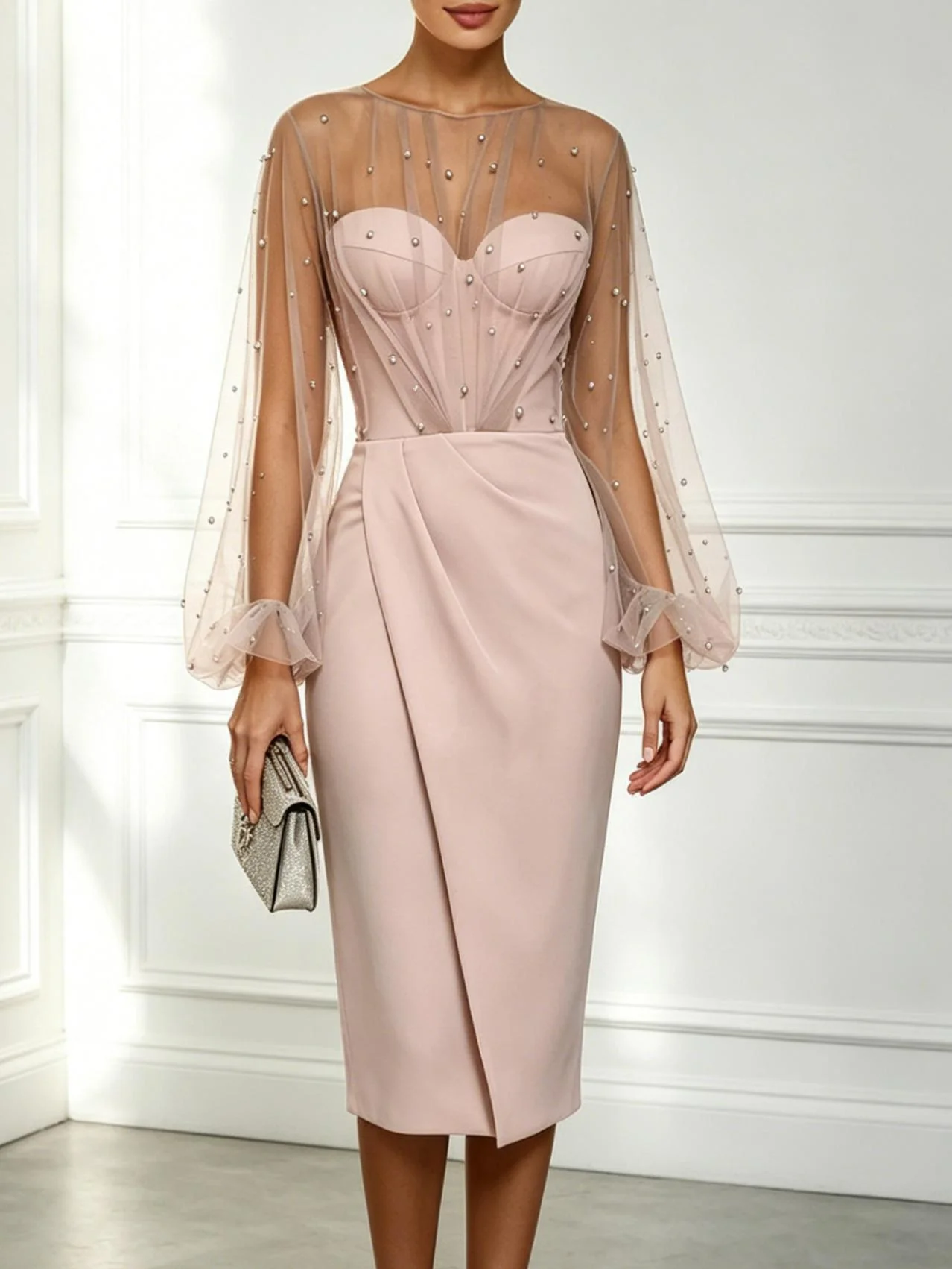 Blush Pink Sheer Beaded Long Sleeve Sheath Midi Dress