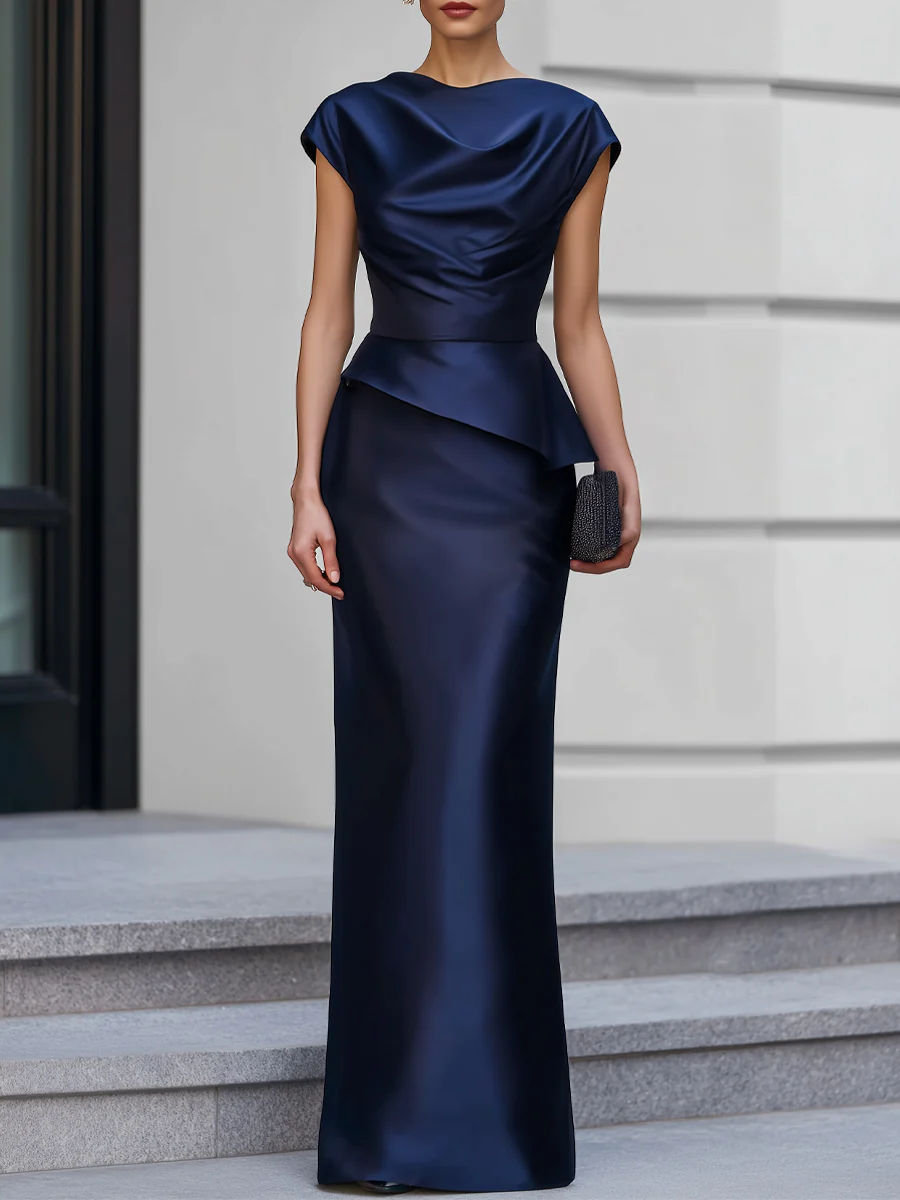 Cap Sleeve Satin Cowl Neck Peplum Maxi Dress