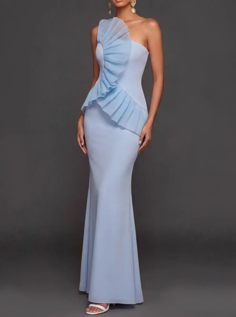 Light Blue One-Shoulder Pleated Ruffle Mermaid Evening Gown