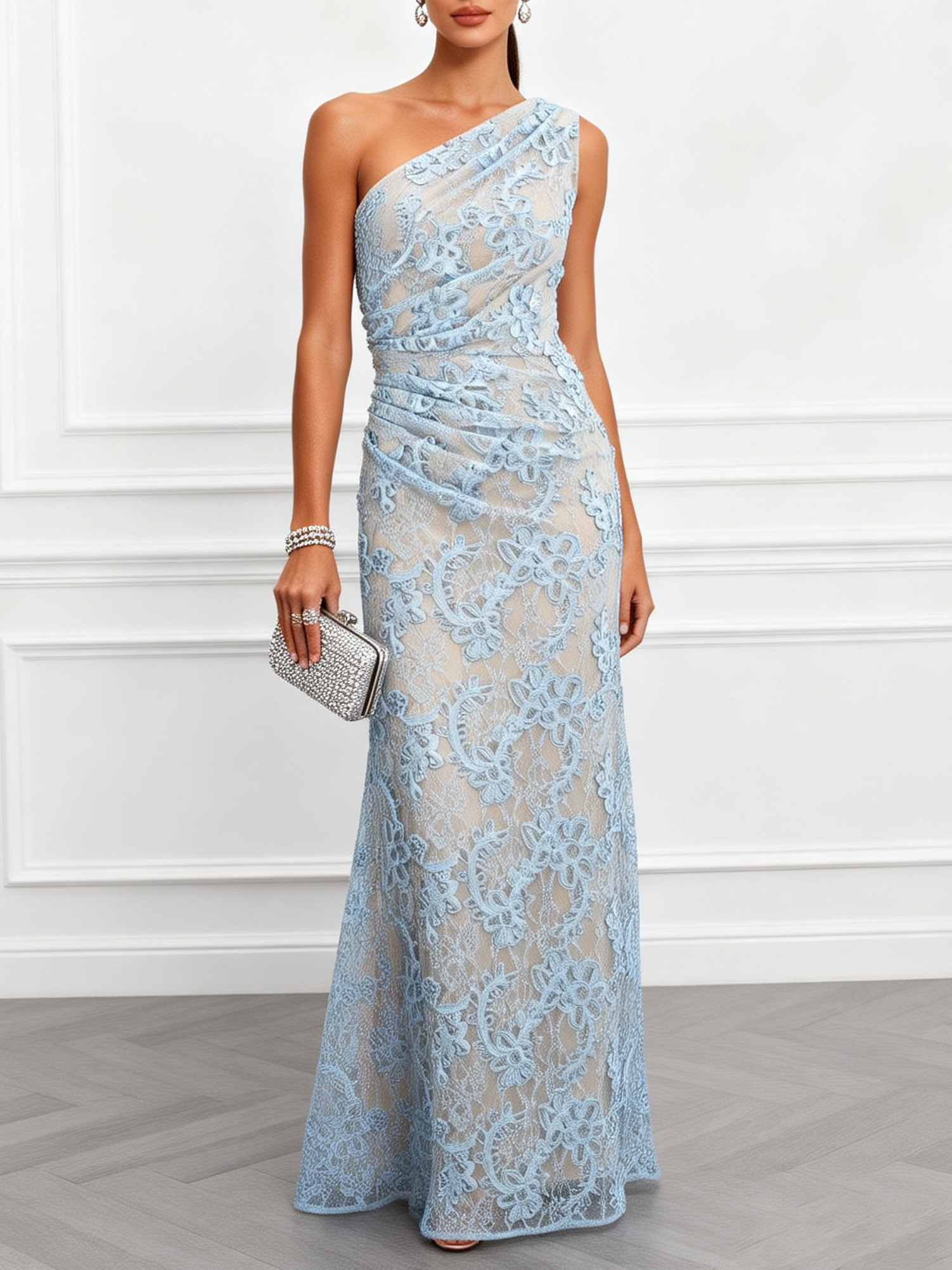 Light Blue Lace Jacquard One Shoulder Sleeveless Mermaid Maxi Dress