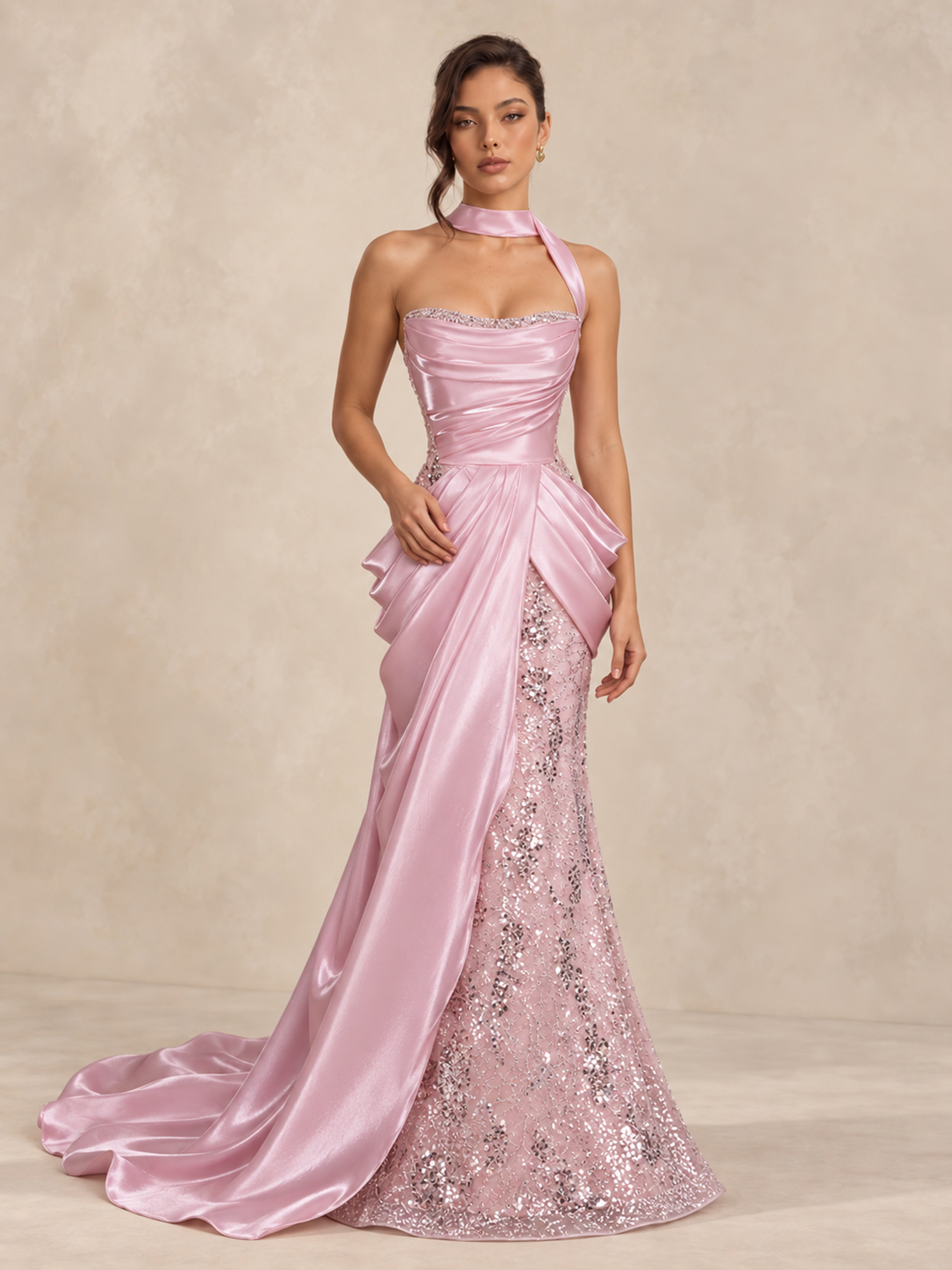 Satin Sequin Mermaid Corset Pleated Prom Dress with Scarf