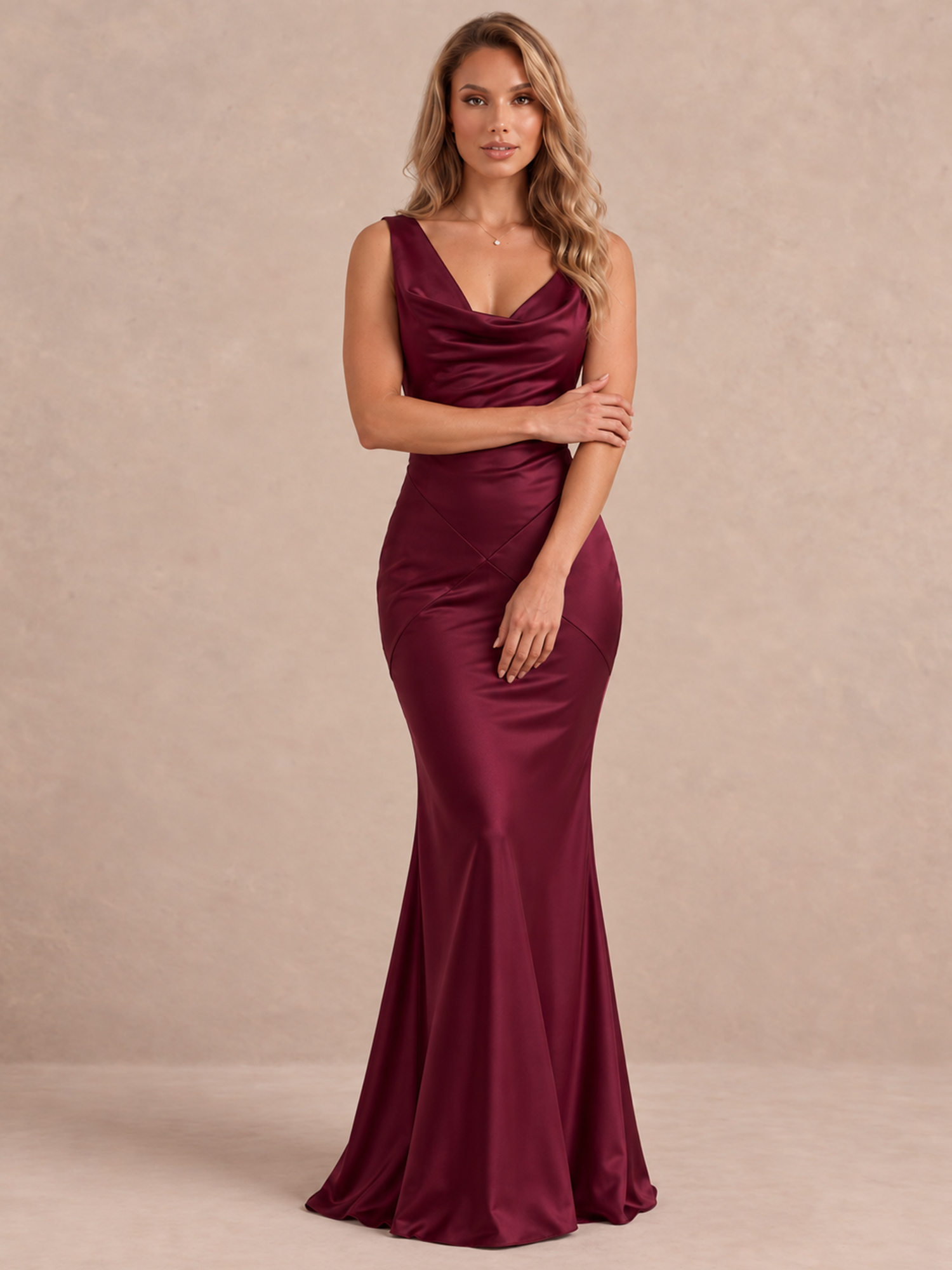Satin Draped Cowl Back Maxi Formal Dress 