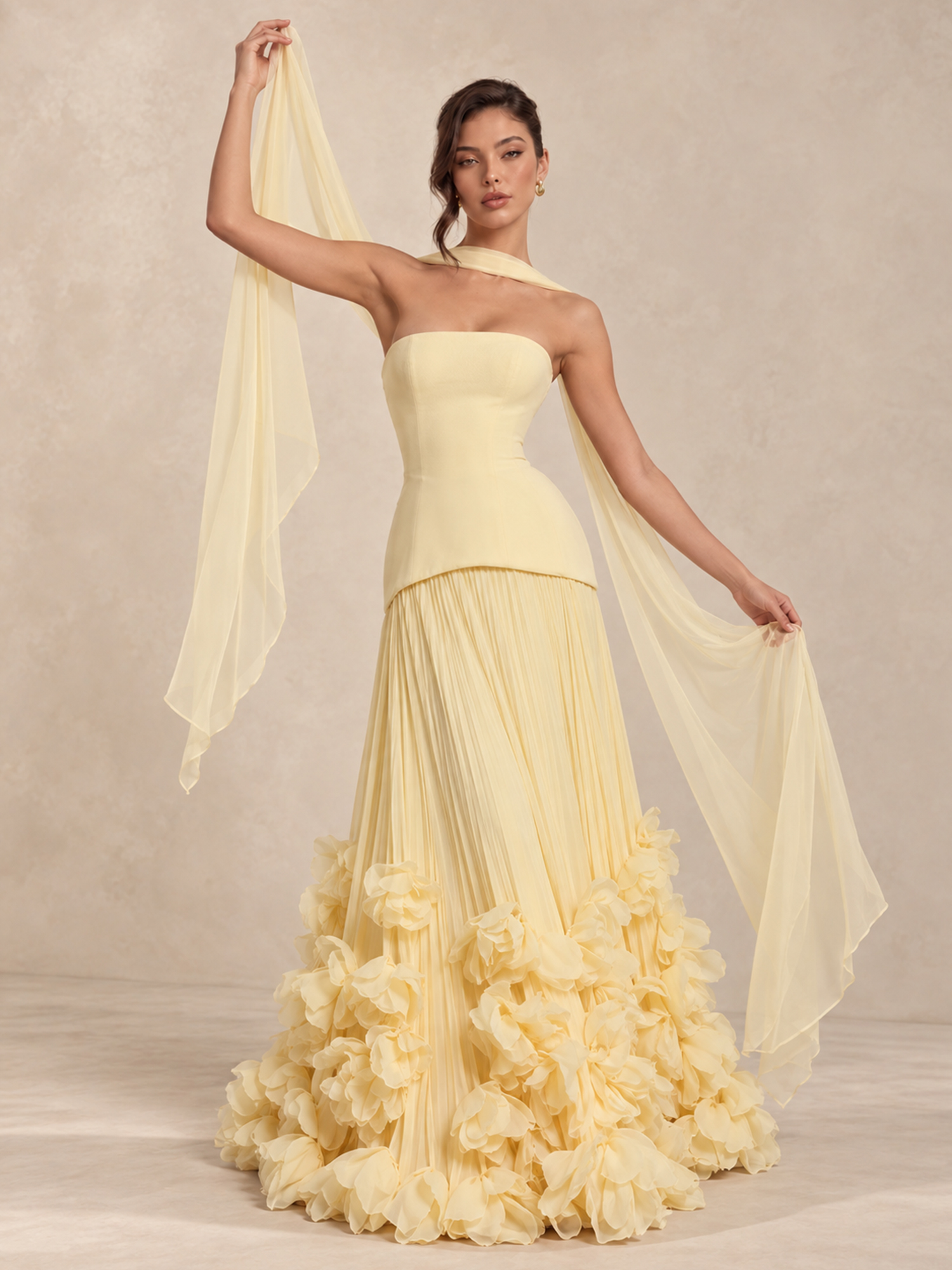 Chiffon Corset Flower Strapless Gown with Scarf