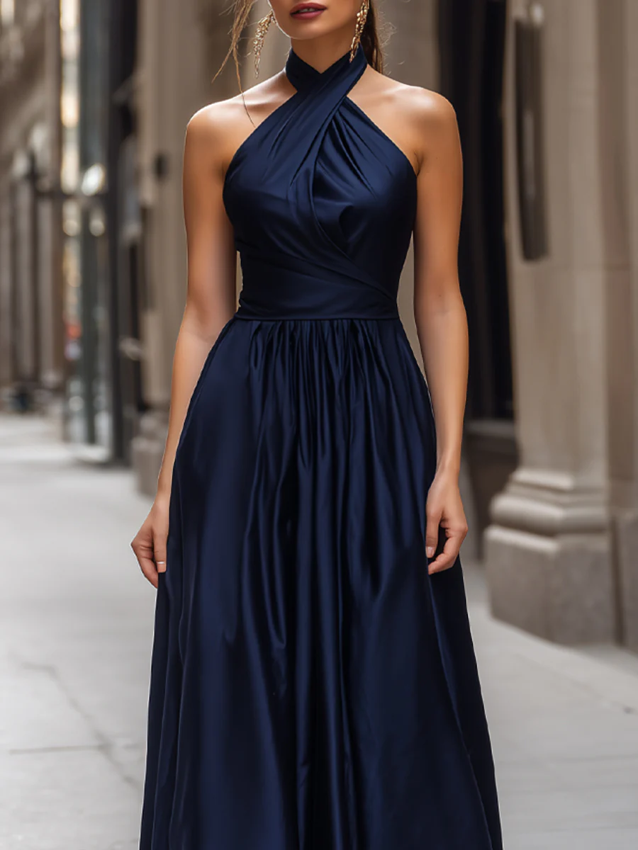 Elegant Halter Neck Satin Maxi Dress