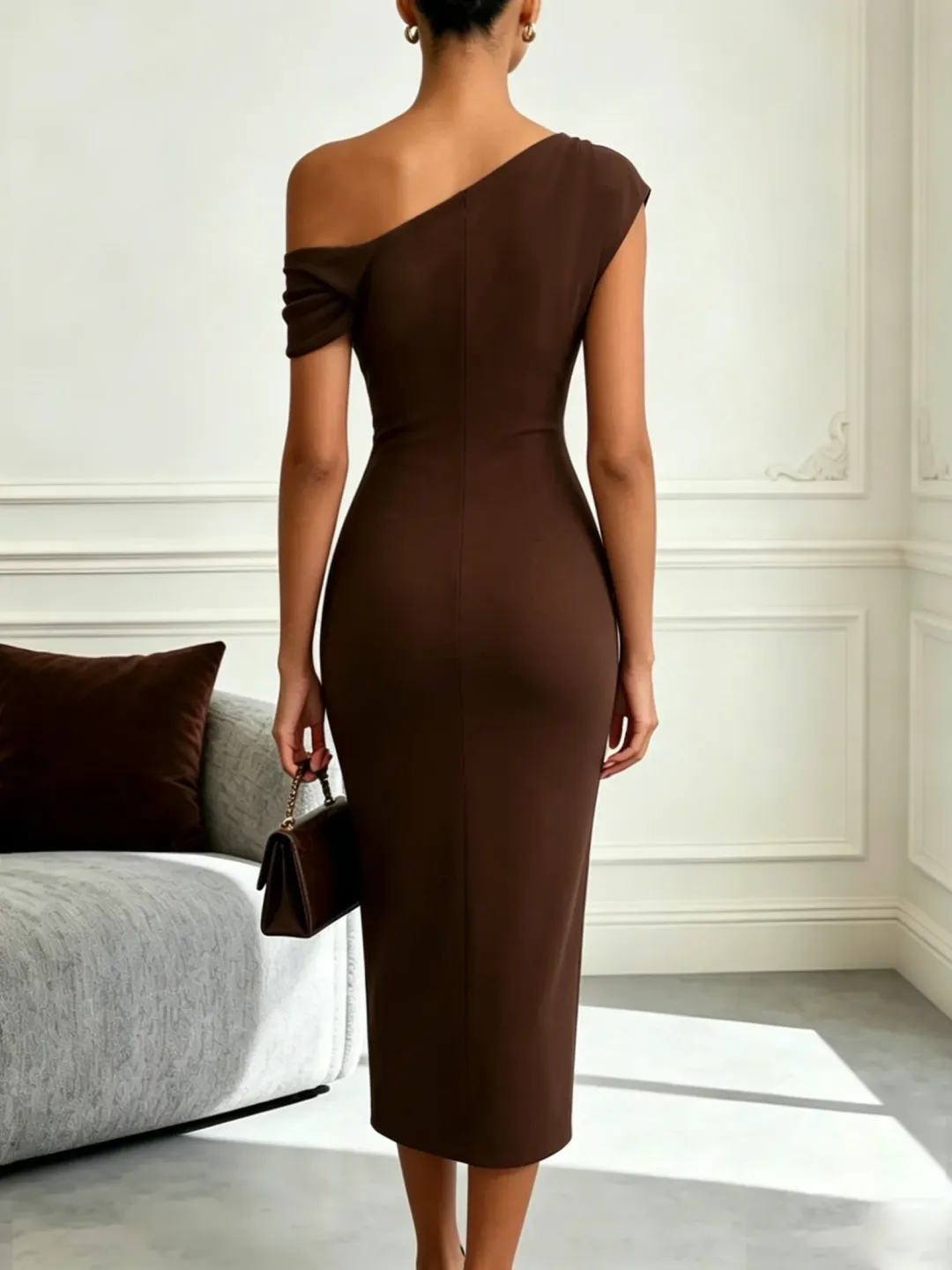 Brown Metal Knit Asymmetrical Sleeveless Sheath Midi Dress