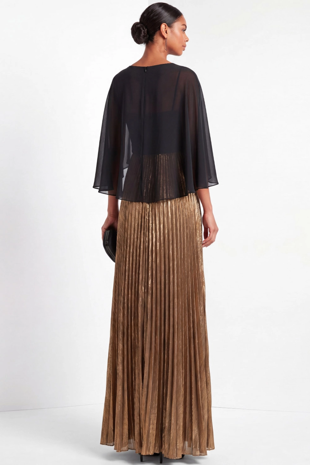 Sheer Capelet Overlay Pleated Metallic Maxi Dress