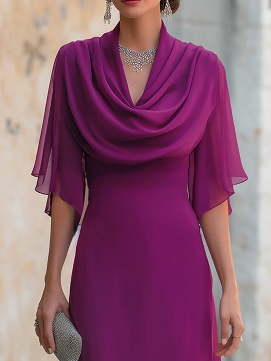 Cowl Drape V Neck Sheer Chiffon Capelet Sleeve Fitted Maxi Dress