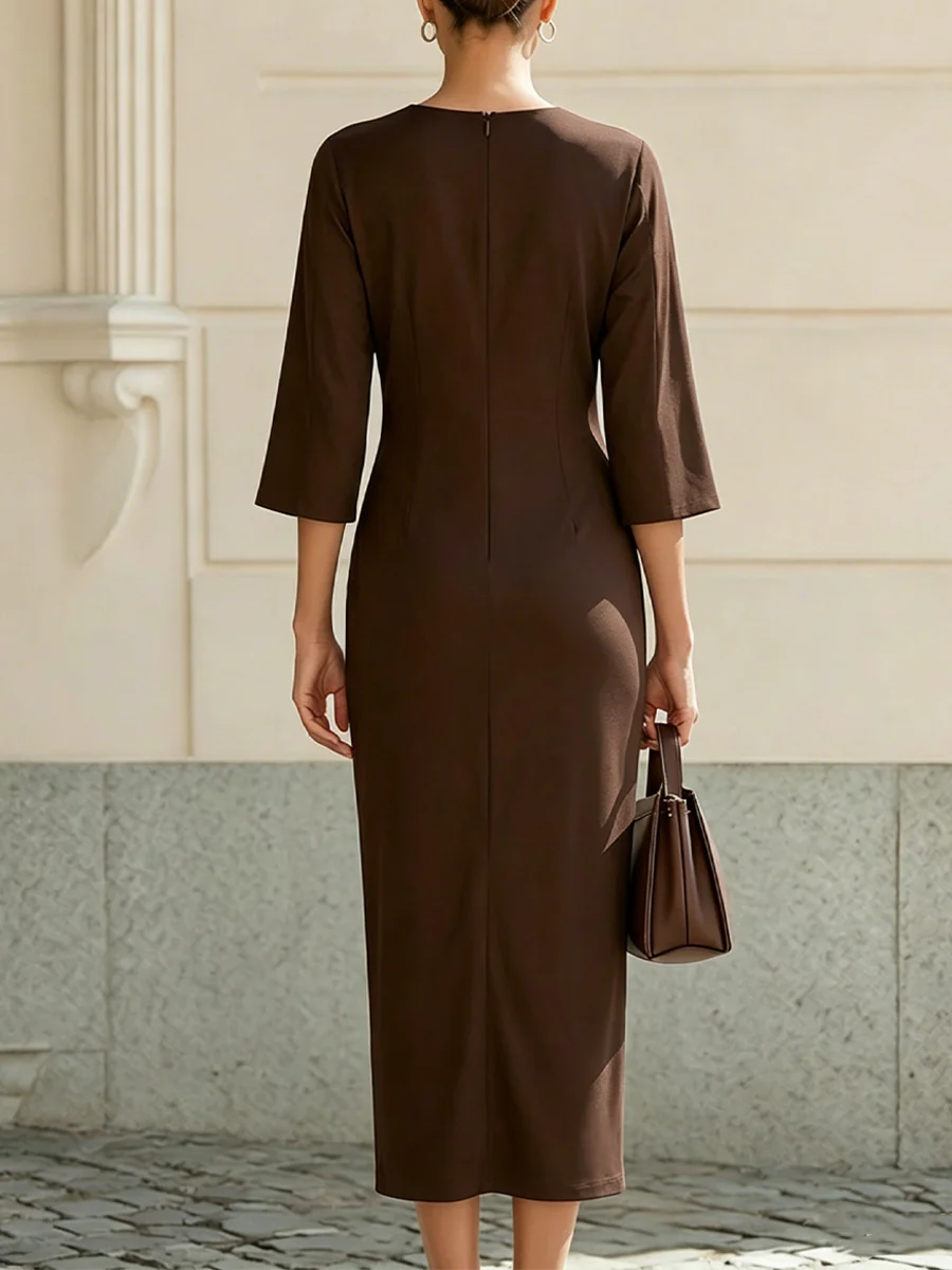 Round Neck Split 3/4 Sleeve Side Ruched Wrap Slit Midi Dress