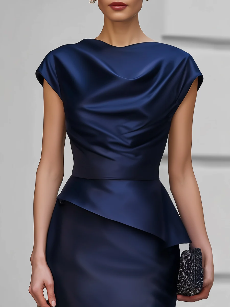 Cap Sleeve Satin Cowl Neck Peplum Maxi Dress