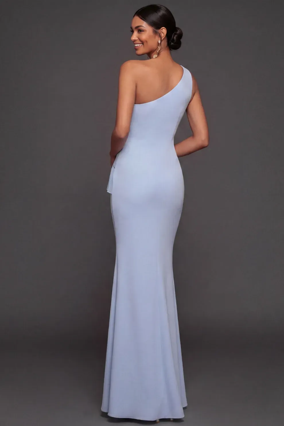 Light Blue One-Shoulder Pleated Ruffle Mermaid Evening Gown