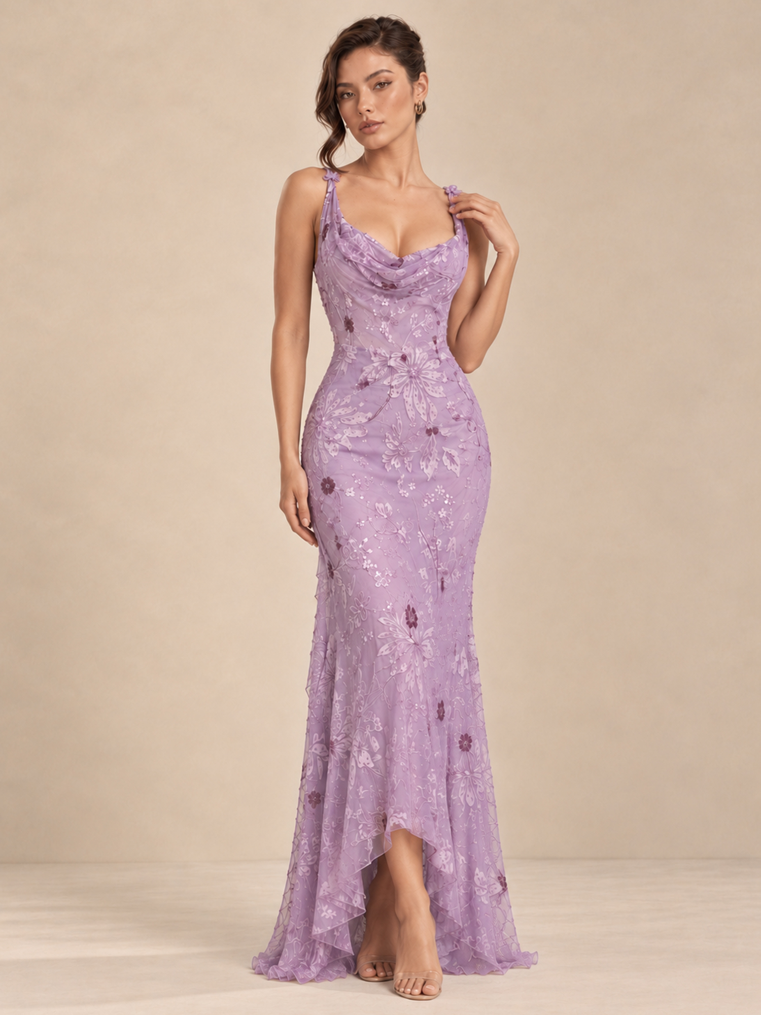 Boat Neck Chiffon Long Prom Dress Flower Evening Gown