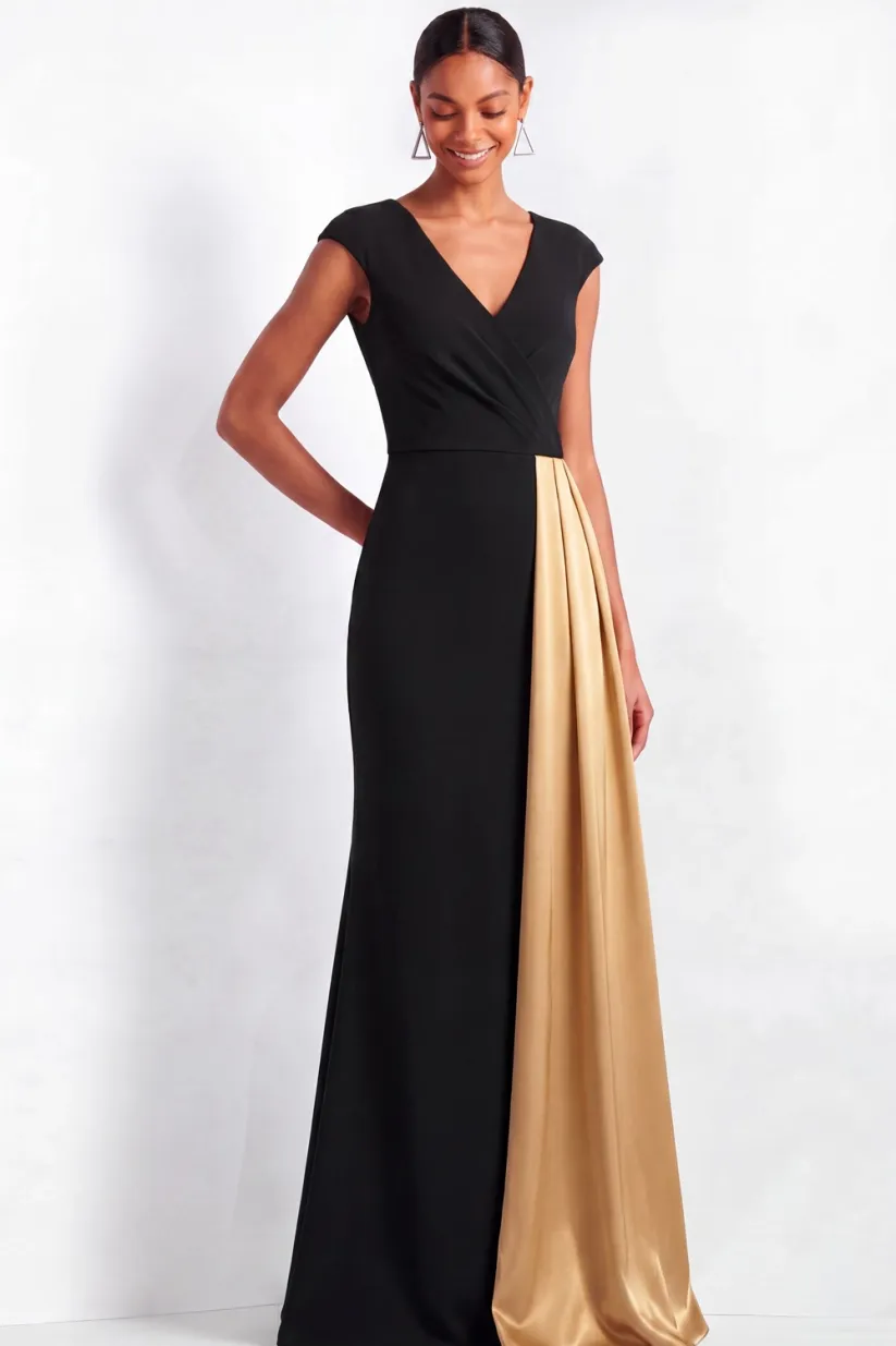 Black and Golden Formal Evening Dress V-Neck Splicing Maxi Dress