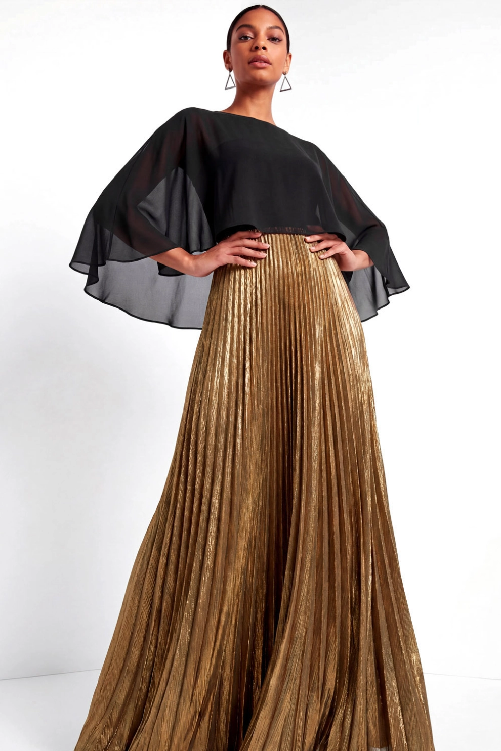 Sheer Capelet Overlay Pleated Metallic Maxi Dress