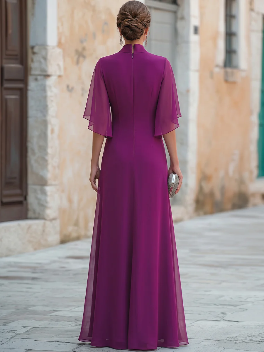 Cowl Drape V Neck Sheer Chiffon Capelet Sleeve Fitted Maxi Dress