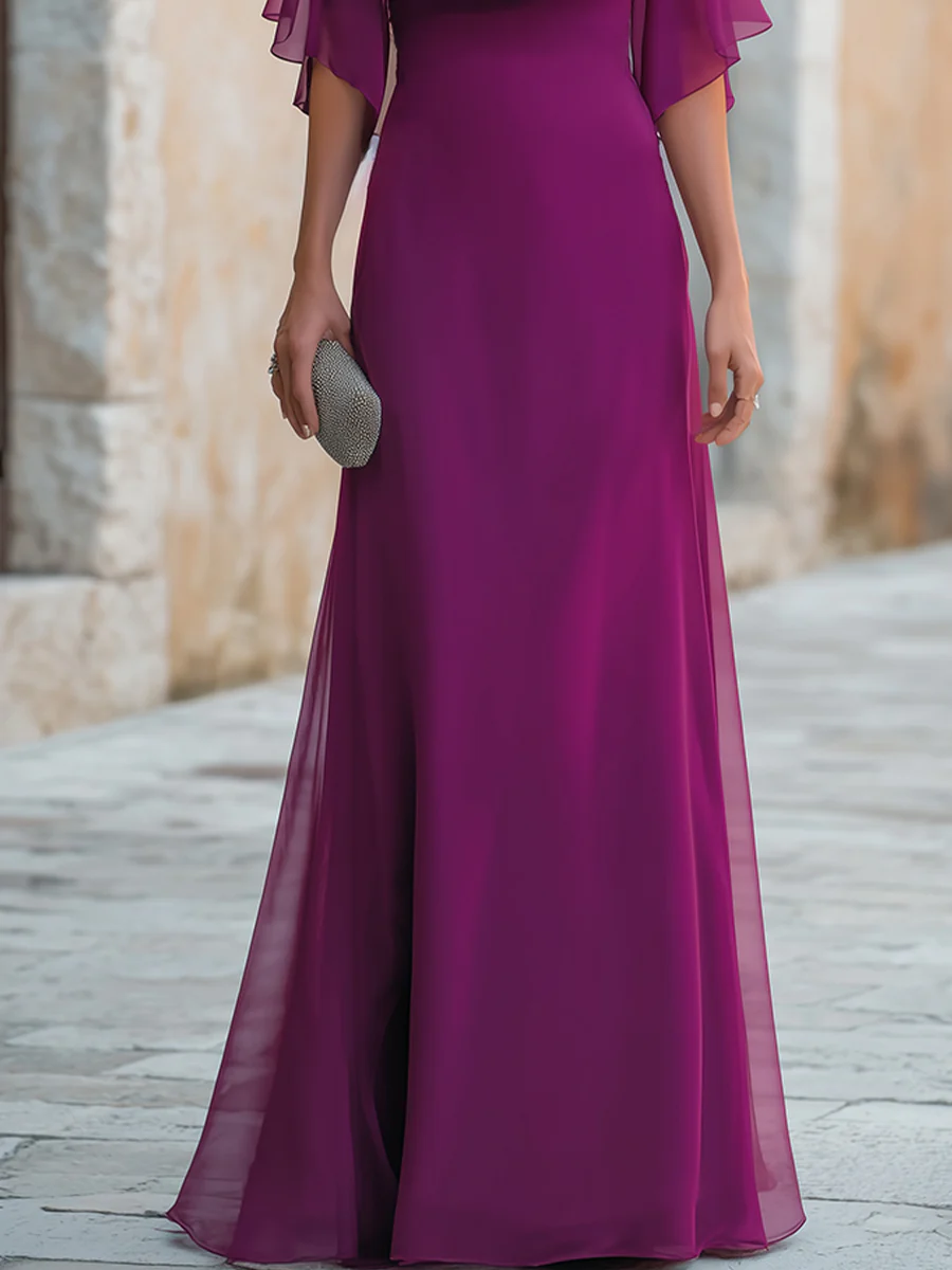 Cowl Drape V Neck Sheer Chiffon Capelet Sleeve Fitted Maxi Dress