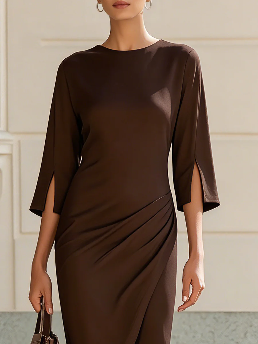 Round Neck Split 3/4 Sleeve Side Ruched Wrap Slit Midi Dress