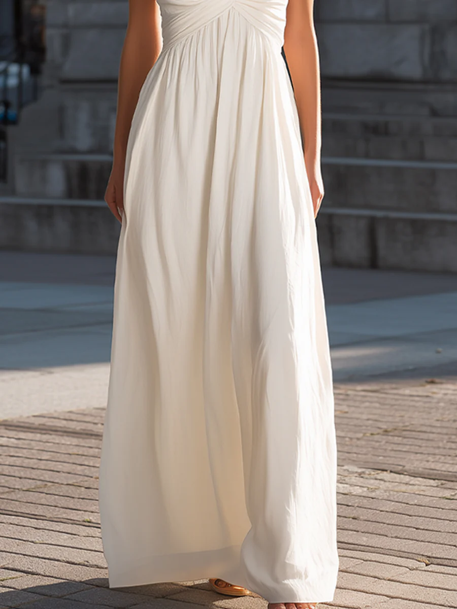 White Halter Ruched Bodice Maxi Dress
