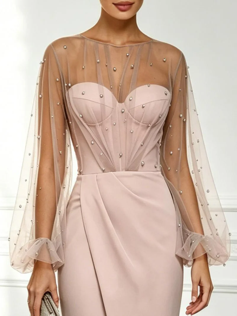 Blush Pink Sheer Beaded Long Sleeve Sheath Midi Dress