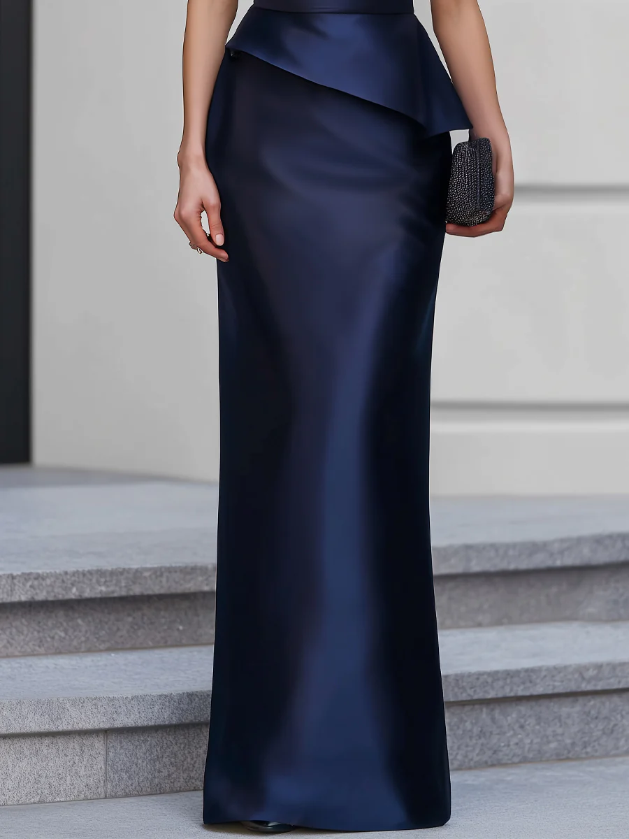 Cap Sleeve Satin Cowl Neck Peplum Maxi Dress