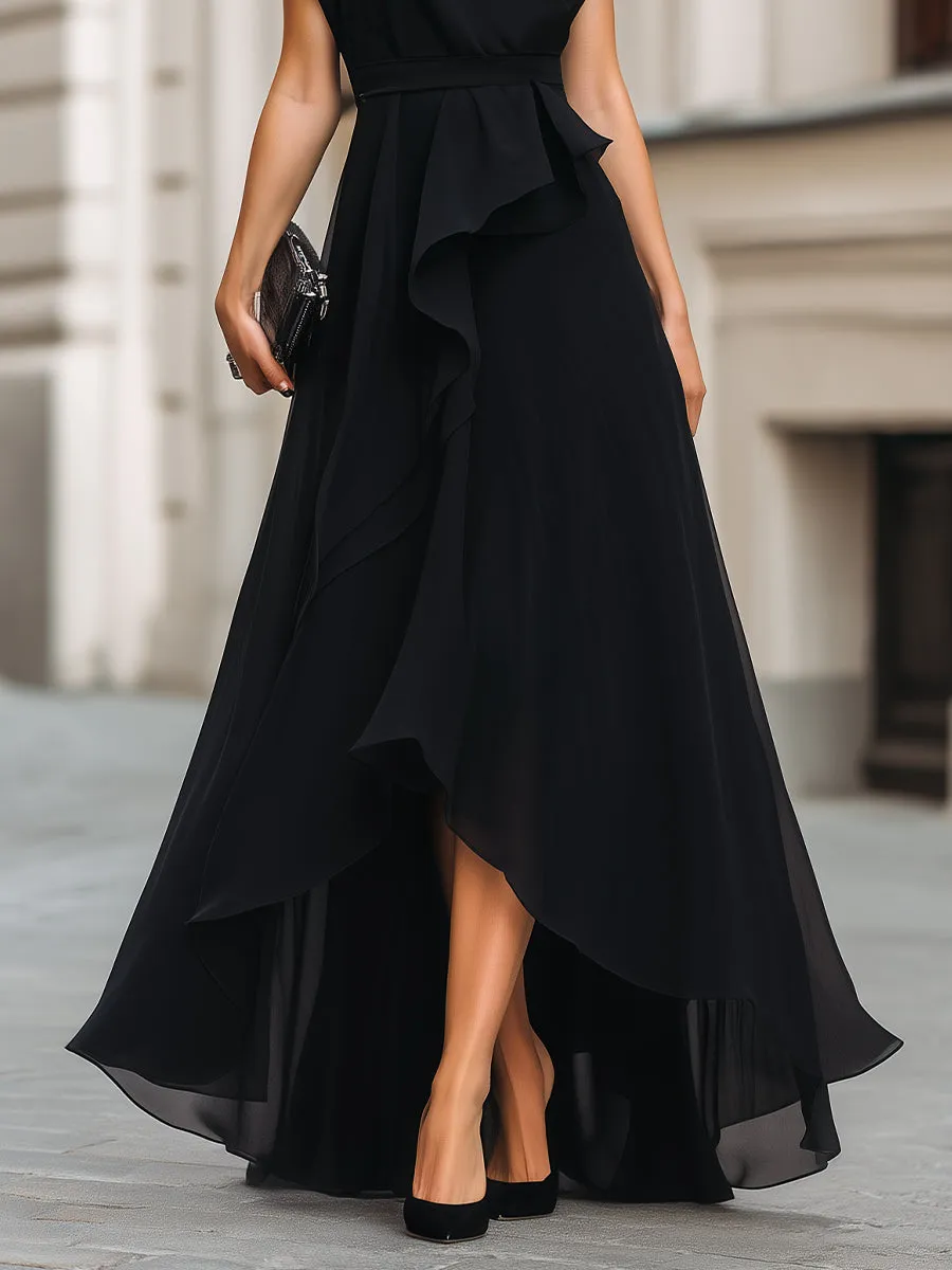 Asymmetric Ruffle High-Low Maxi Dress With Defined Waist