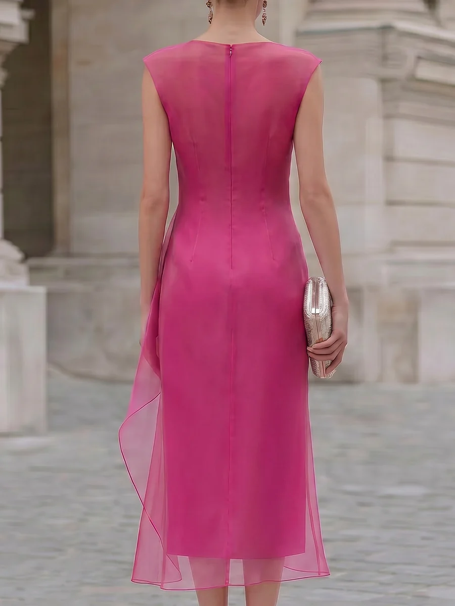 Draped Sheer Overlay Satin Midi Dress