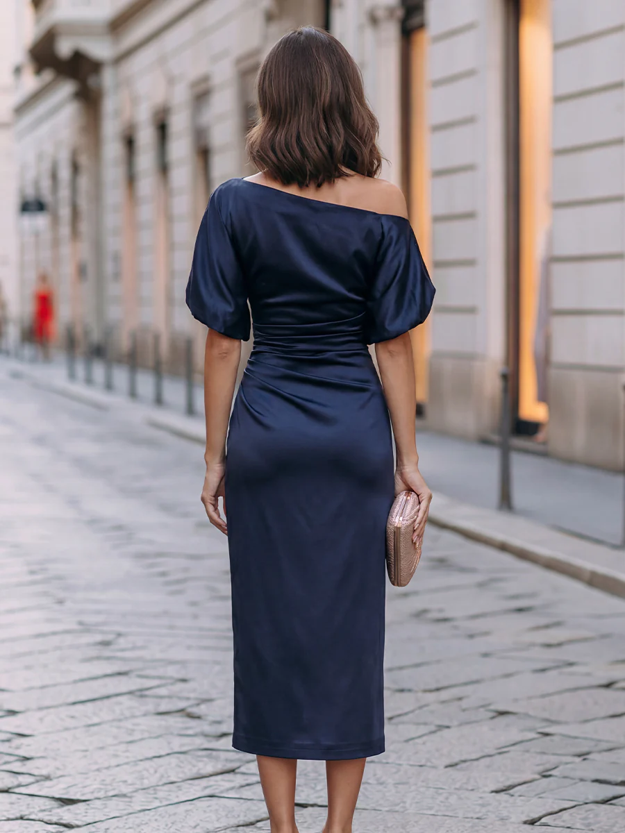 Off-Shoulder Ruched Midi Dress