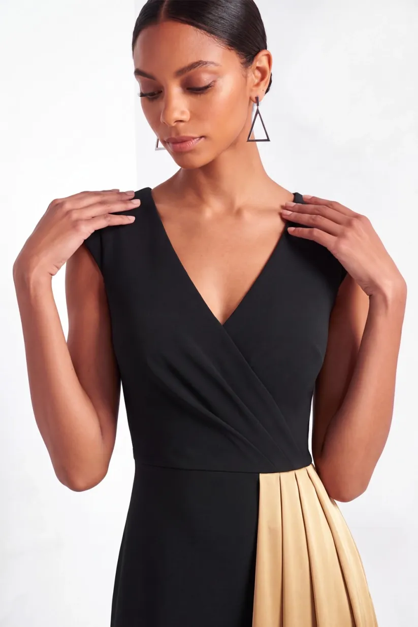 Black and Golden Formal Evening Dress V-Neck Splicing Maxi Dress