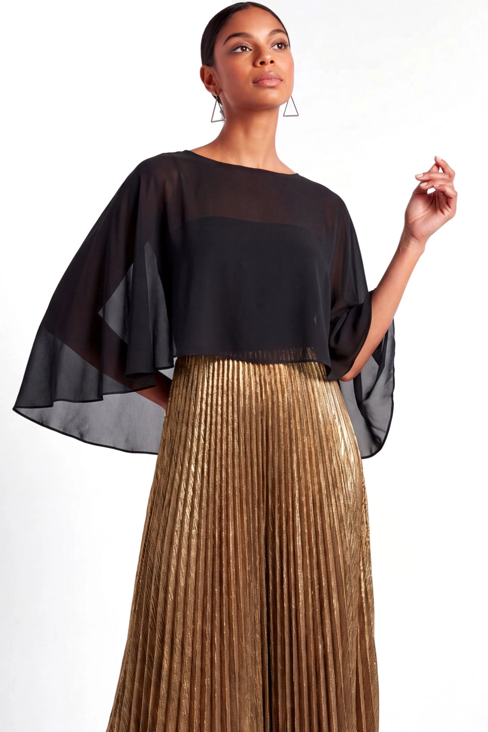 Sheer Capelet Overlay Pleated Metallic Maxi Dress