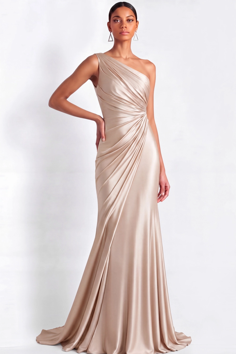 Champagne Satin One Shoulder Maxi Dress
